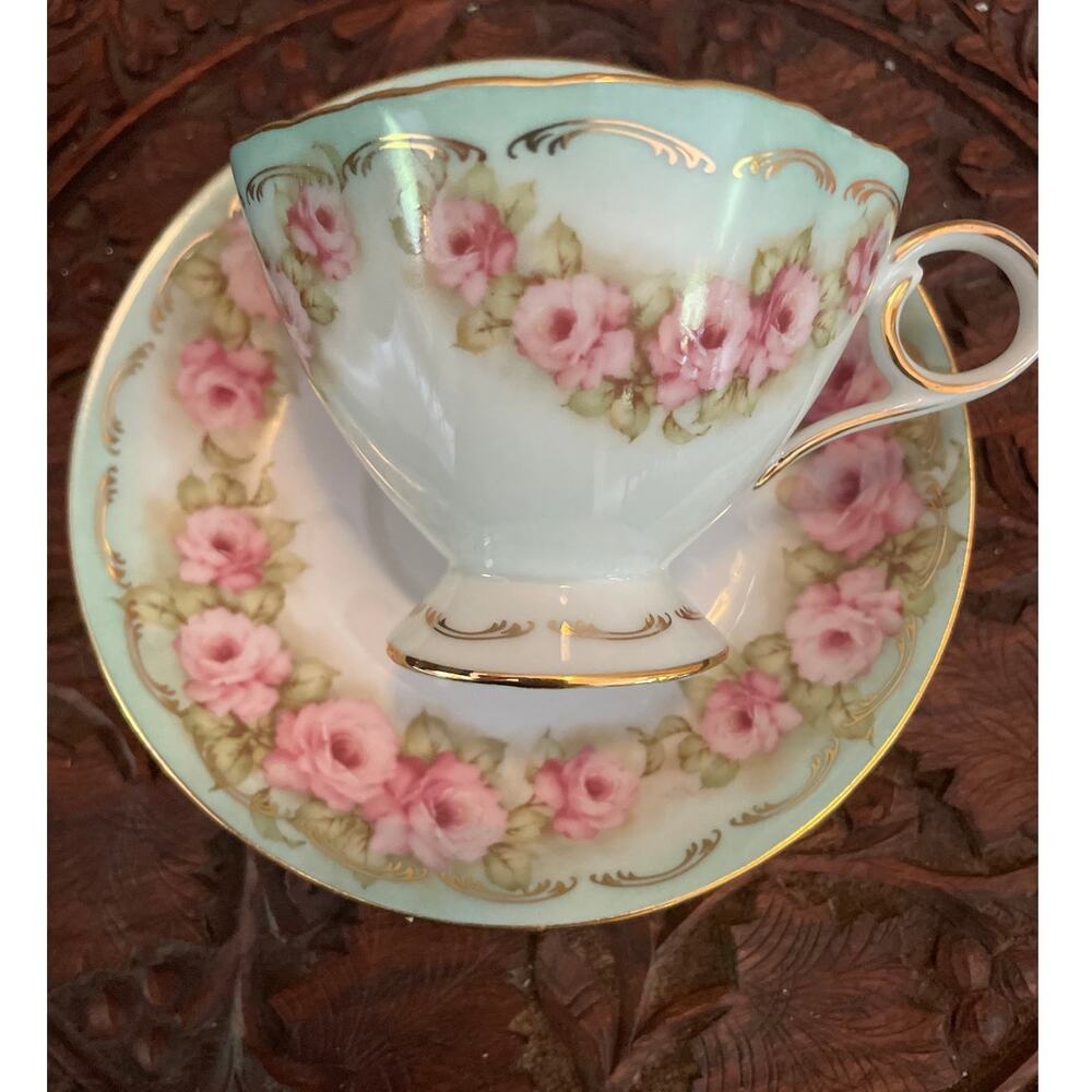 Royal Limoges Teacup and Saucer Rose Bridal Rose 24 kt Gold France
